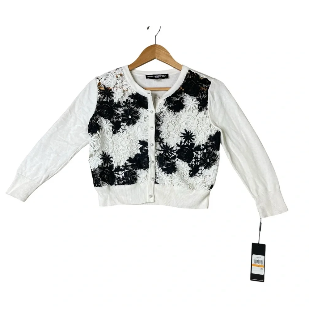 Karl Lagerfeld Paris Cardigan Sweater Women White Lace Floral embroidered S NWT - Picture 1 of 13